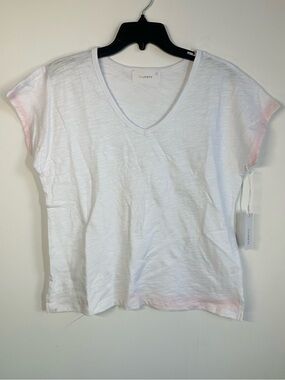 NWT SIX/FIFTY White Slub V-Neck Tee Pink Trim Cap Sleeve Top, Size Medium